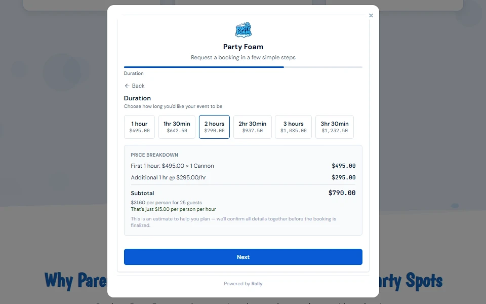 Booking wizard on your site — duration picker mid-selection with the live price breakdown