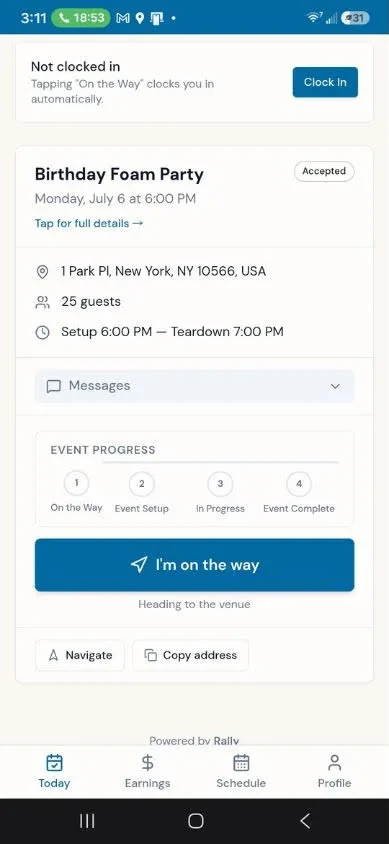 Crew portal on a phone — Saturday's foam party booking with the venue, guest count, setup and teardown times, the event-progress stepper, and the I'm-on-the-way button that clocks the crew in