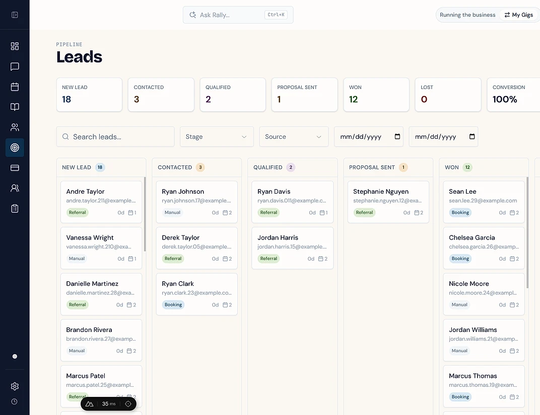 Rally pipeline — the Leads board, from new lead through won